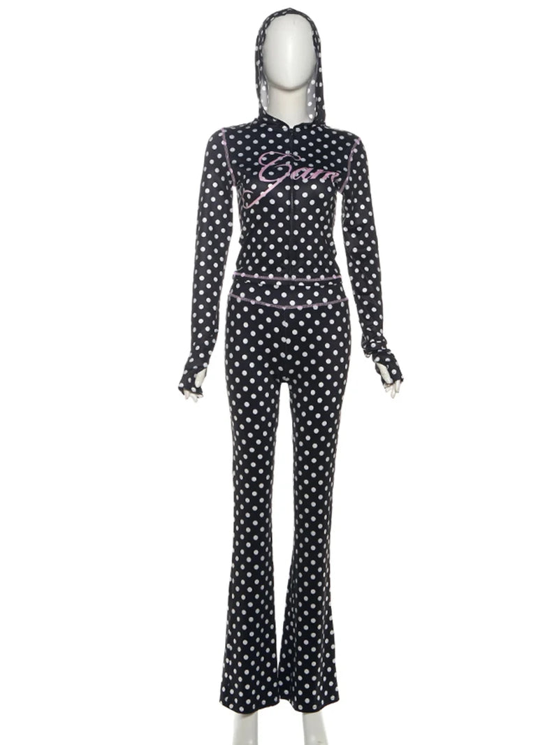 Polka Dot Letter Print 2 Piece Set Woman Tracksuit Trend Sexy Hooded Jacket+Pants Skinny Stretch Matching Streetwear