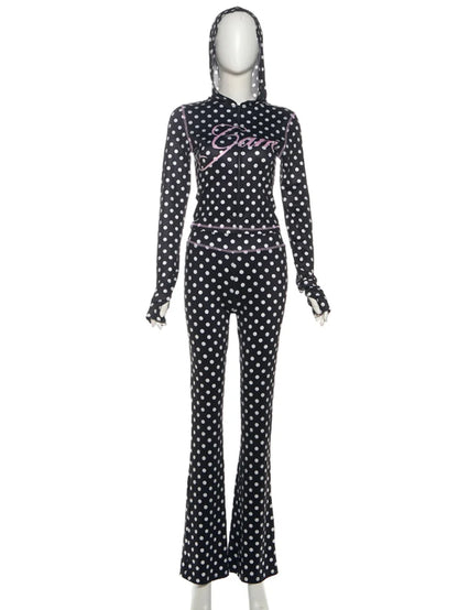 Polka Dot Letter Print 2 Piece Set Woman Tracksuit Trend Sexy Hooded Jacket+Pants Skinny Stretch Matching Streetwear