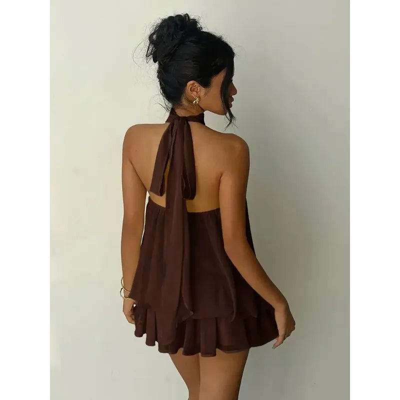  Neck Sleeveless Ruffled Layered Chiffon Mini Dress