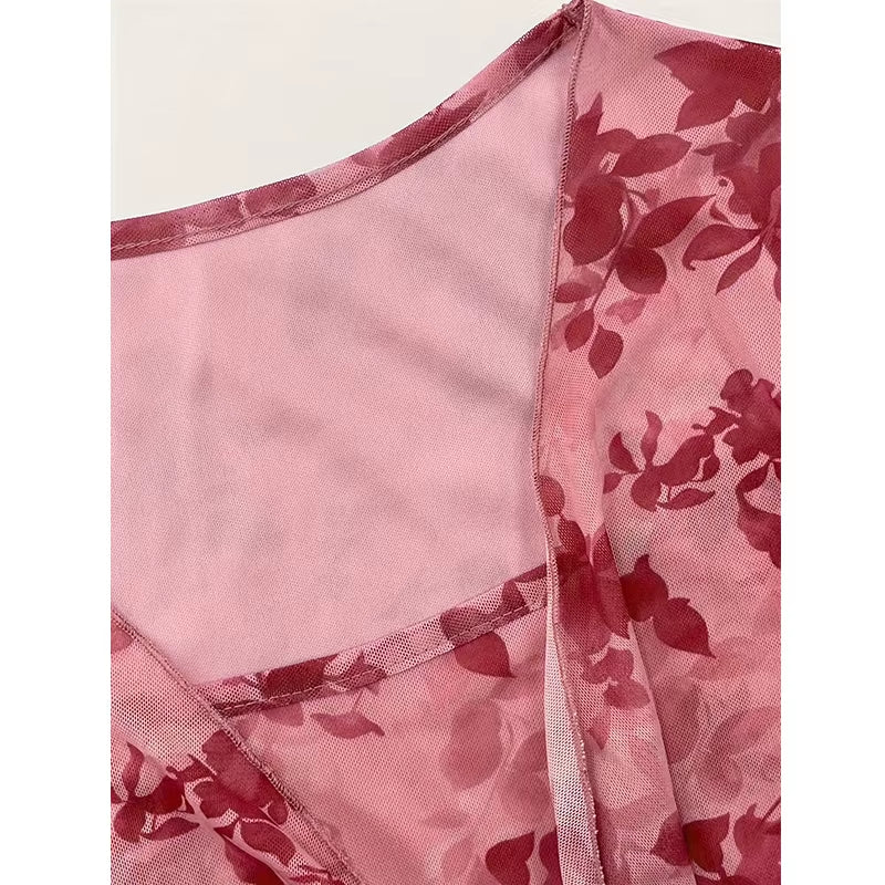 Summer Women'S Y2K Floral Printed Sweet V-Neck T-Shirts Mesh Beach Party Dress Top Flare Sleeve Square Collar Lace up Shirt 2025