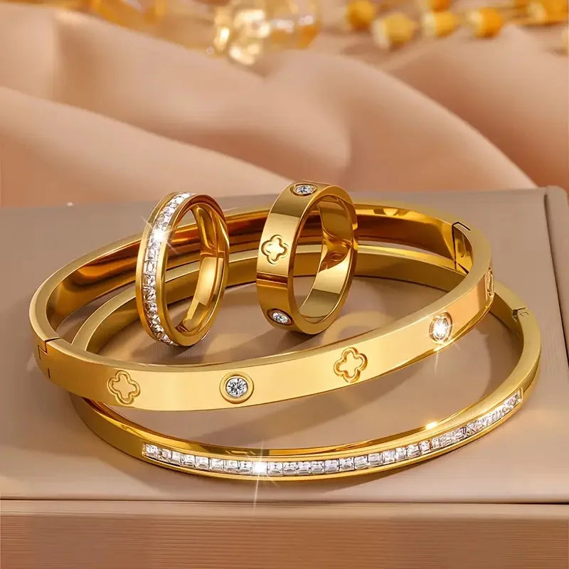 Luxury Stainless Steel Diamond Embedded Bracelet Ring Set for Women 4 Pieces High-End Feelings Jewelry Vintage Style