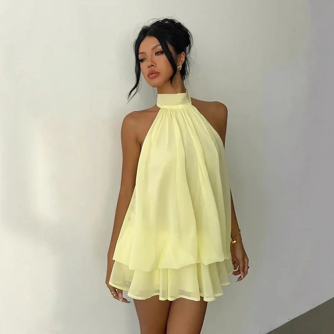  Neck Sleeveless Ruffled Layered Chiffon Mini Dress