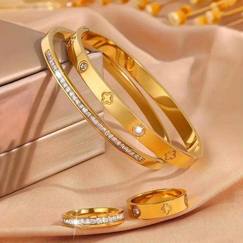 Luxury Stainless Steel Diamond Embedded Bracelet Ring Set for Women 4 Pieces High-End Feelings Jewelry Vintage Style