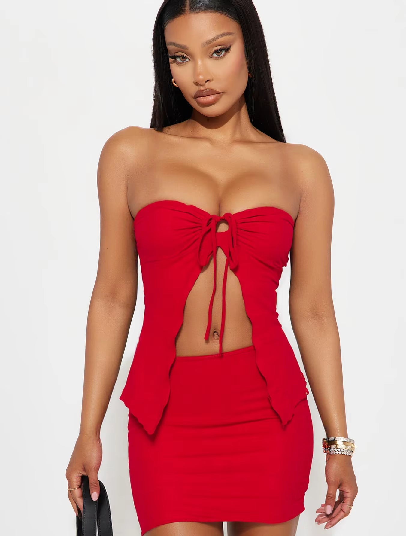 Women'S Solid Color Tube Top & Skirt Two-Piece Set, Fashion Casual Sleeveless Top &Bodycon Skirt for Daily Outdoor Wear, Ladiesc