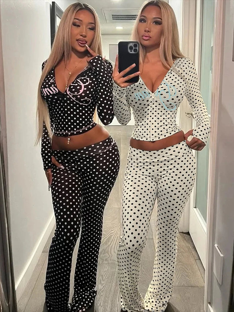Polka Dot Letter Print 2 Piece Set Woman Tracksuit Trend Sexy Hooded Jacket+Pants Skinny Stretch Matching Streetwear