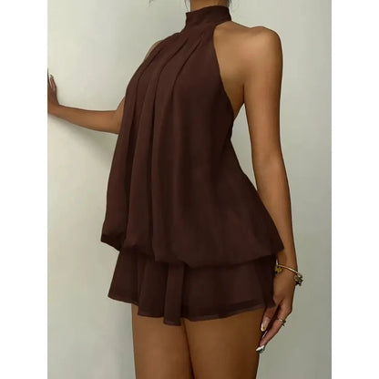 Neck Sleeveless Ruffled Layered Chiffon Mini Dress