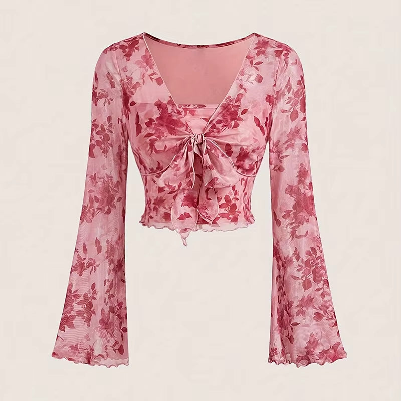 Summer Women'S Y2K Floral Printed Sweet V-Neck T-Shirts Mesh Beach Party Dress Top Flare Sleeve Square Collar Lace up Shirt 2025