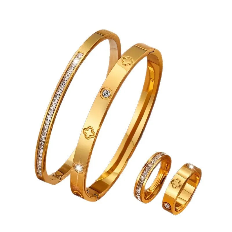 Luxury Stainless Steel Diamond Embedded Bracelet Ring Set for Women 4 Pieces High-End Feelings Jewelry Vintage Style