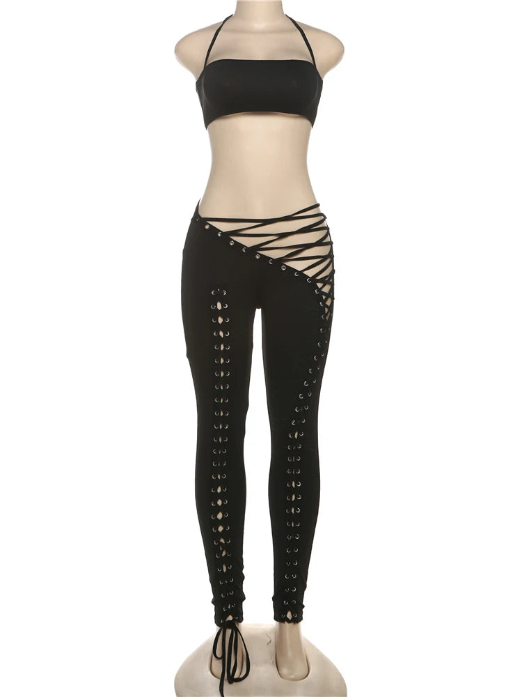 Hipster Halter Camisole+Shirring Hollow Pants Midnight 2Piece