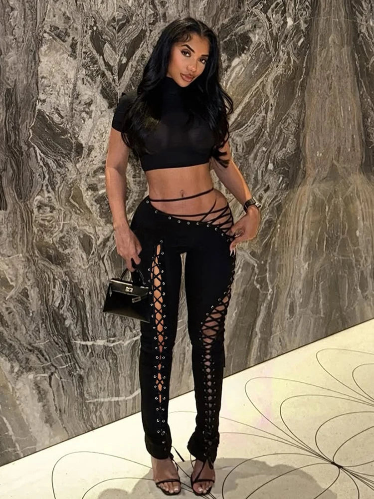 Hipster Halter Camisole+Shirring Hollow Pants Midnight 2Piece