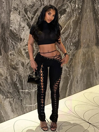 Hipster Halter Camisole+Shirring Hollow Pants Midnight 2Piece