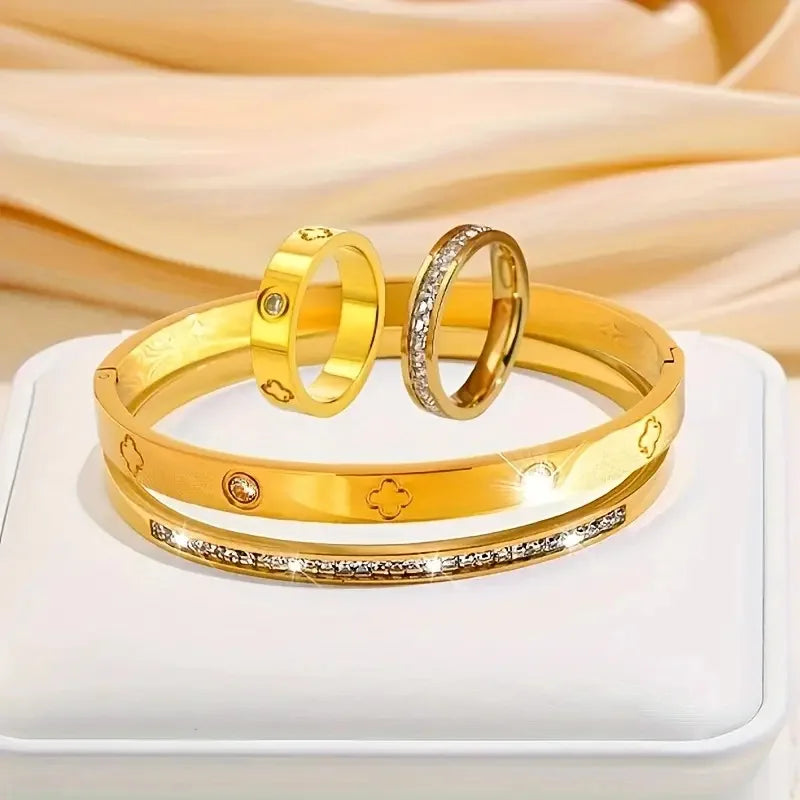 Luxury Stainless Steel Diamond Embedded Bracelet Ring Set for Women 4 Pieces High-End Feelings Jewelry Vintage Style