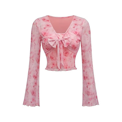 Summer Women'S Y2K Floral Printed Sweet V-Neck T-Shirts Mesh Beach Party Dress Top Flare Sleeve Square Collar Lace up Shirt 2025
