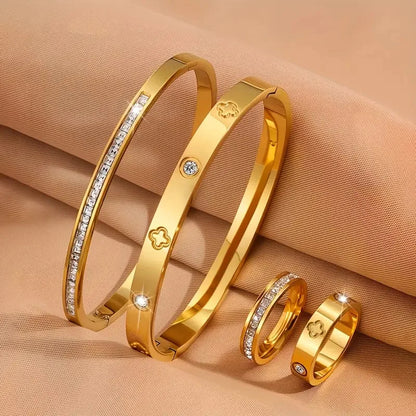 Luxury Stainless Steel Diamond Embedded Bracelet Ring Set for Women 4 Pieces High-End Feelings Jewelry Vintage Style