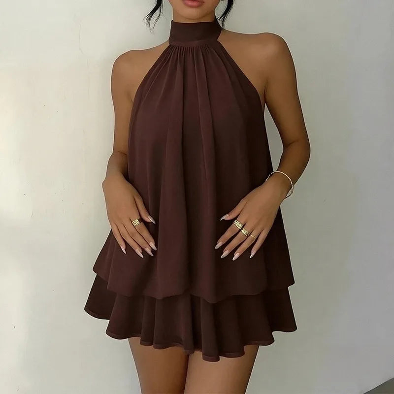  Neck Sleeveless Ruffled Layered Chiffon Mini Dress