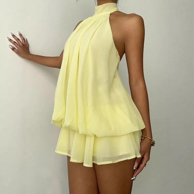  Neck Sleeveless Ruffled Layered Chiffon Mini Dress